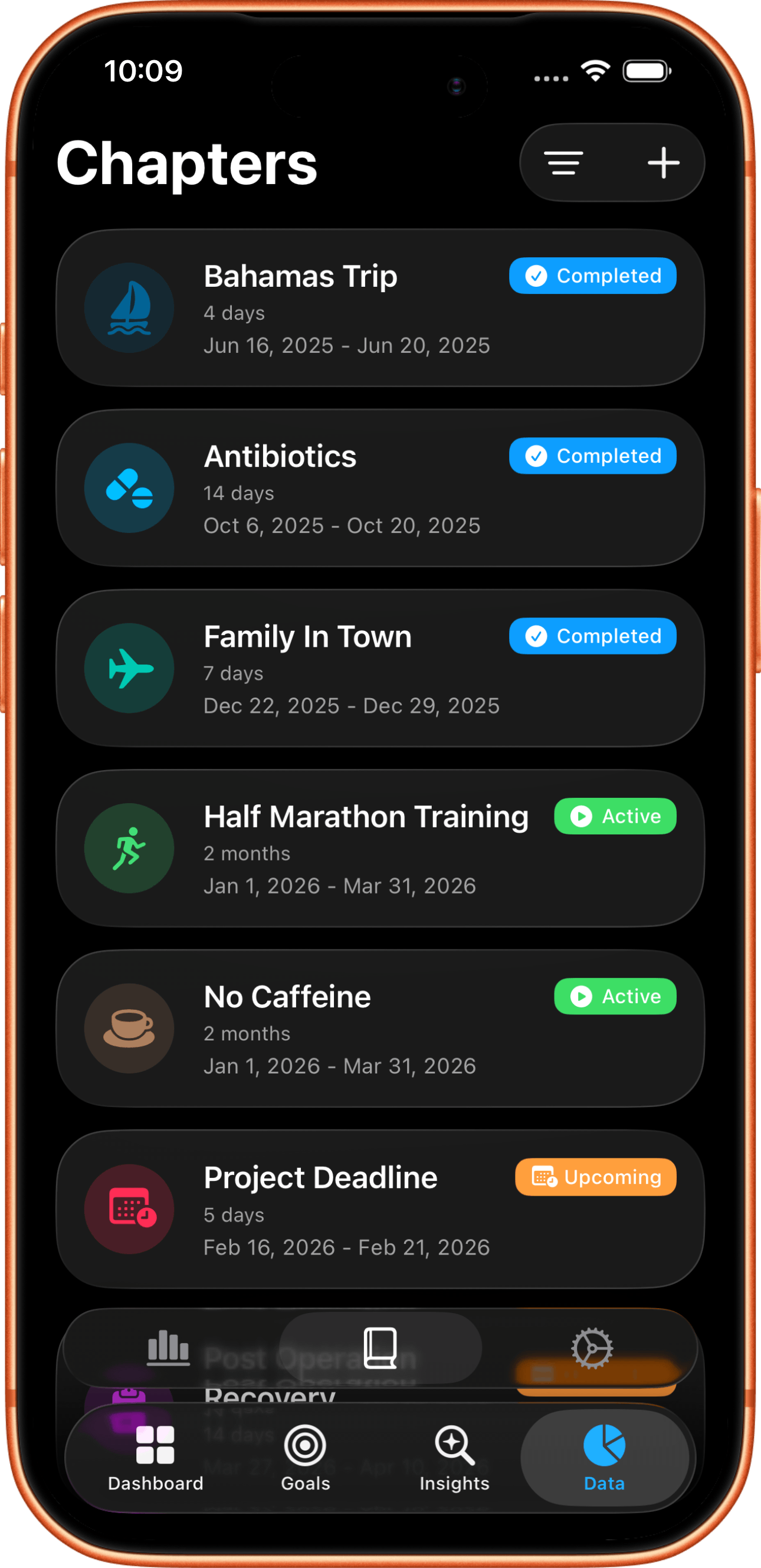 Coefficients app dashboard screenshot in dark mode